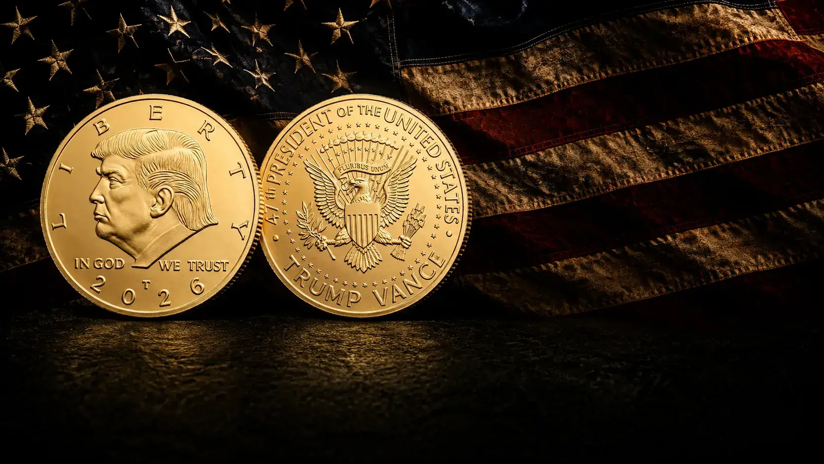 Trump Gold Liberty Coin 2026 obverse and reverse against an American flag